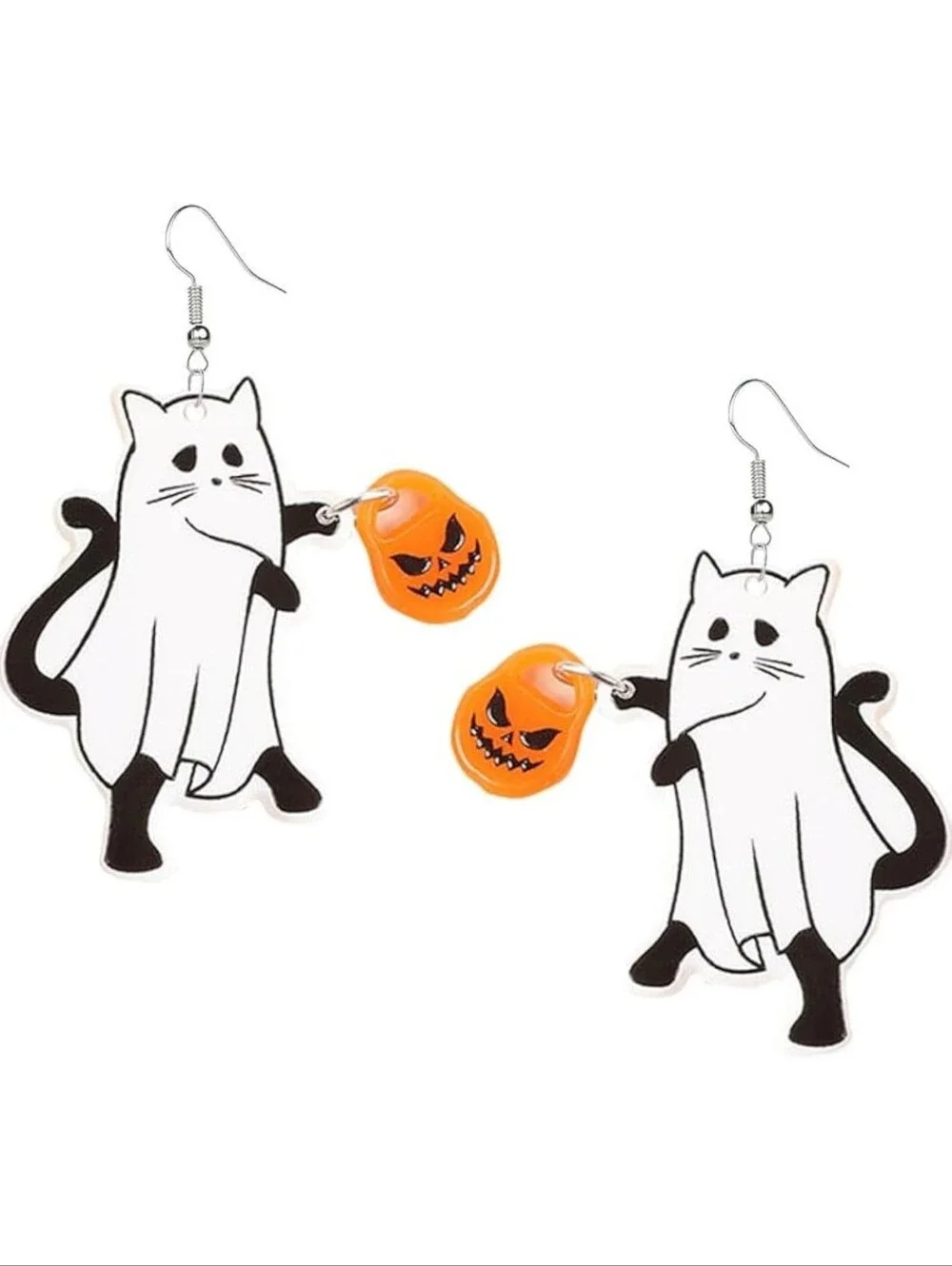 Halloween Cat Dangle Earrings with Orange Pumpkin Charms - Unbranded